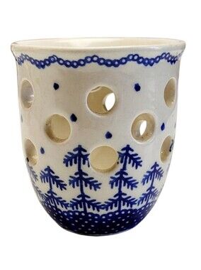 Polish Pottery Boleslawiec Pierced Votive Candle Holder Blue Pine Tree Design